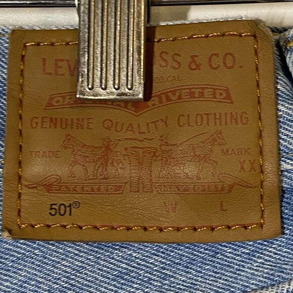 Levi’s Distressed Cut-Off Button-Fly  Jean Shorts Blue Country Festival  SZ 27 - Picture 5 of 6